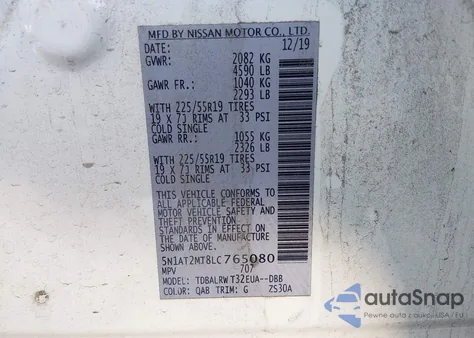 2020 Nissan Rogue Sl Fwd из США, поврежденный, VIN 5N1AT2MT8LC765080